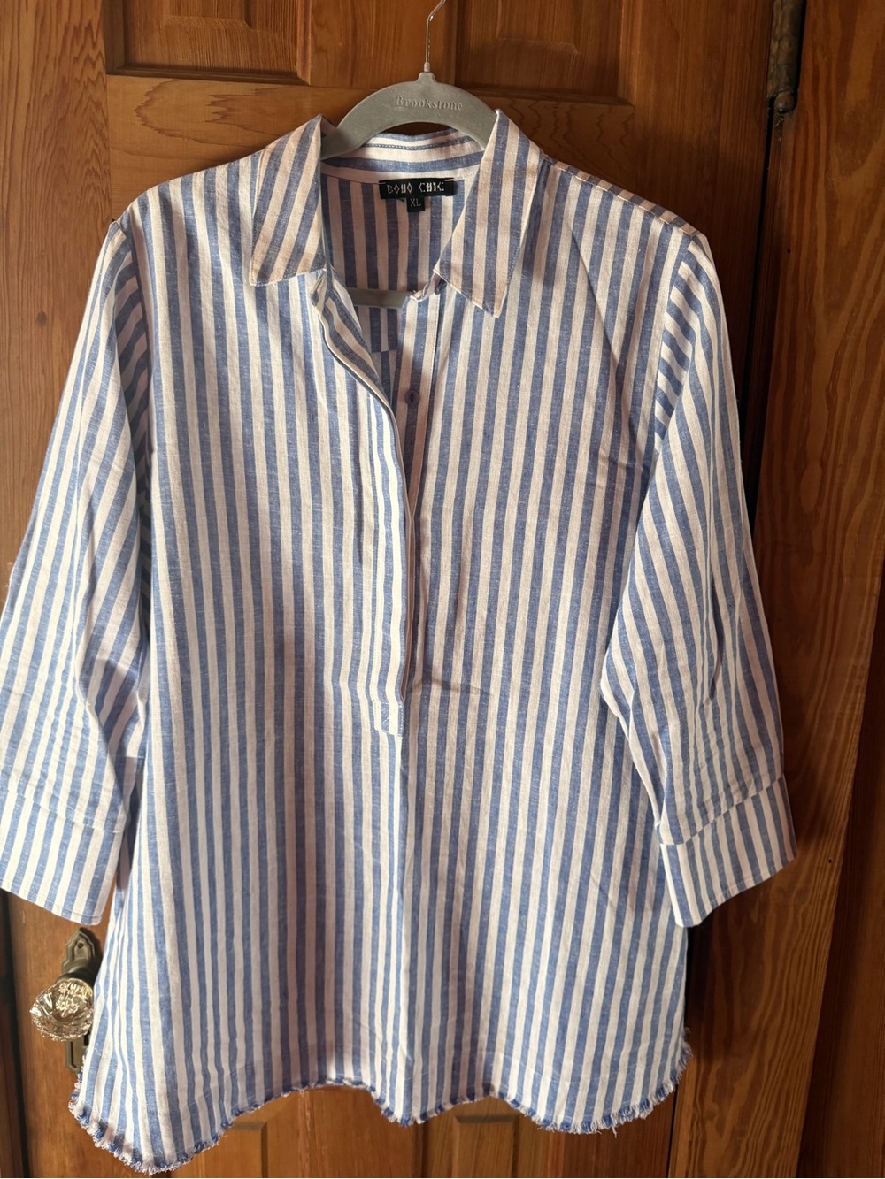 Women's Blue & White Striped Tunic Top - Relaxed Collared Shirt